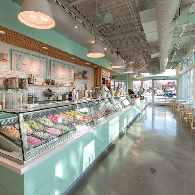 Bright mint ice cream shop with colorful scoops in glass.