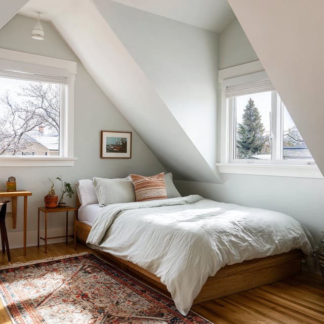 Bright bedroom with sloped ceilings and a patterned rug.