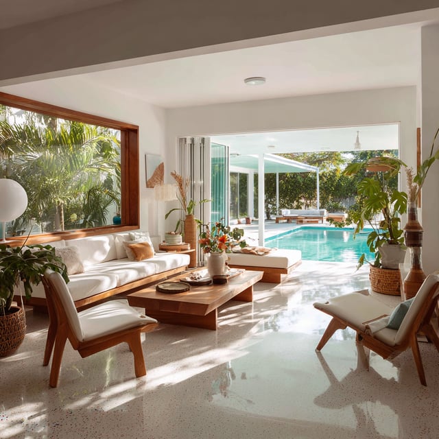 Bright, open-plan living room with pool view.