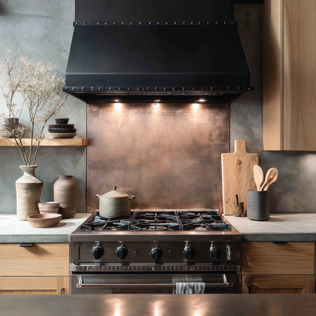 A modern kitchen features a stainless steel range with a textured copper backsplash and a matte black ventilation hood, flanked by light oak cabinets and shelves holding rustic earthenware.