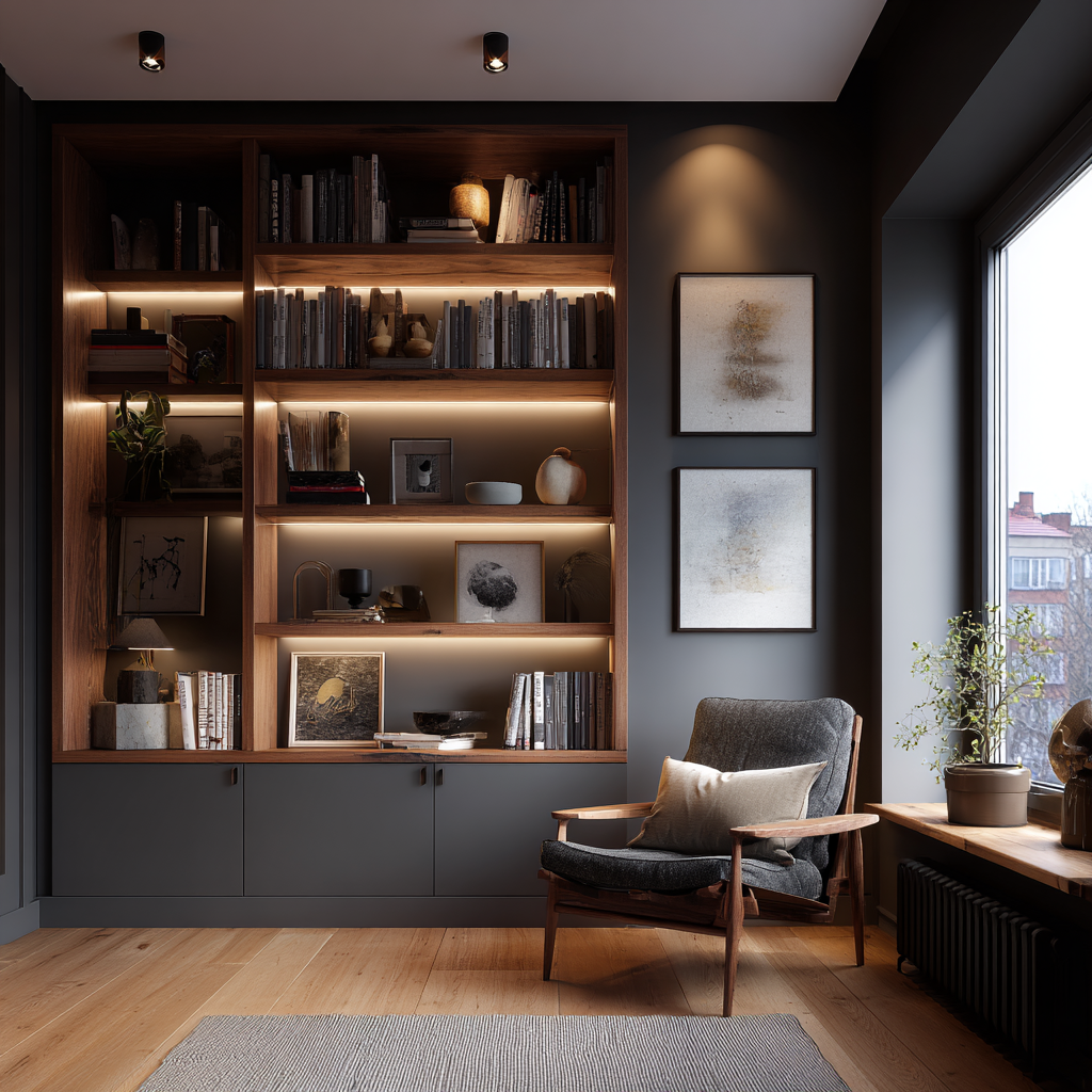 An atmospheric living space with moody charcoal walls and a built-in wood bookcase featuring integrated LED shelf lighting.