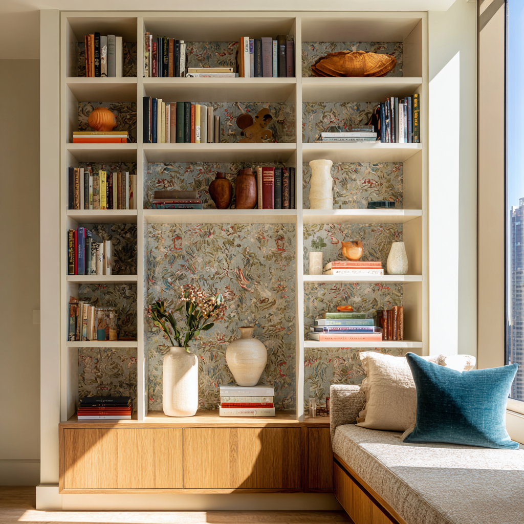 A modern living area featuring a floor-to-ceiling built-in bookcase with floral wallpaper backing and a wooden storage base.