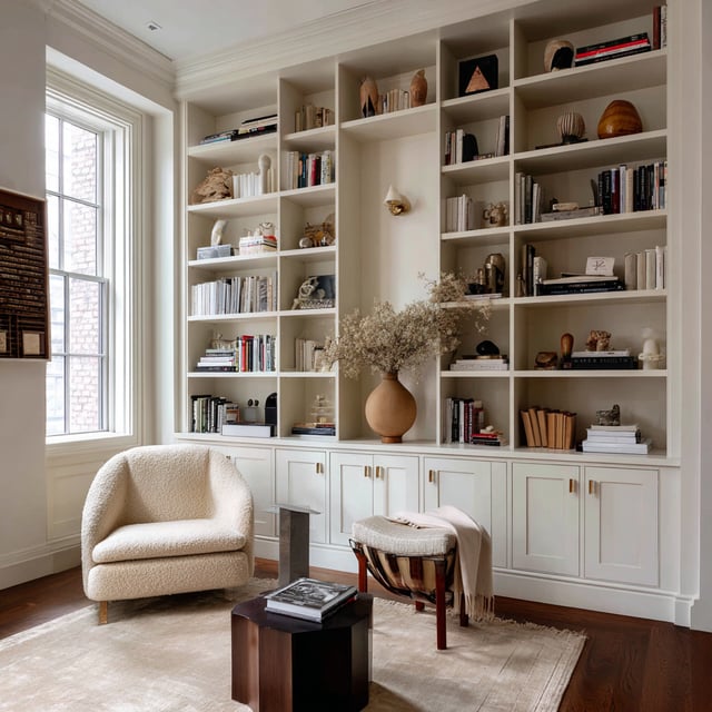 A sophisticated living area with built-in bookcases, a cozy bouclé armchair, and neutral-toned decor.