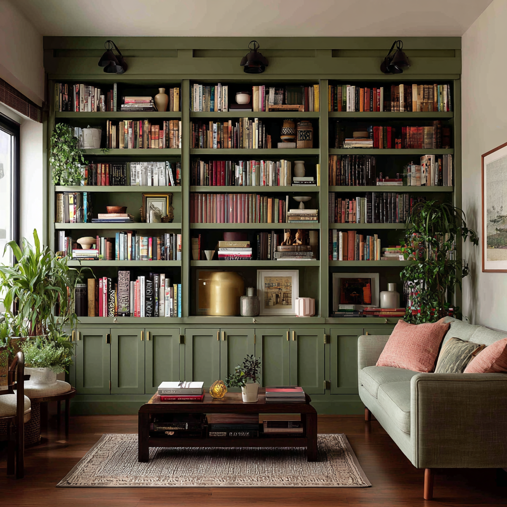 A traditional living room featuring large sage green built-in bookcases with closed lower cabinetry and a matching green sofa.