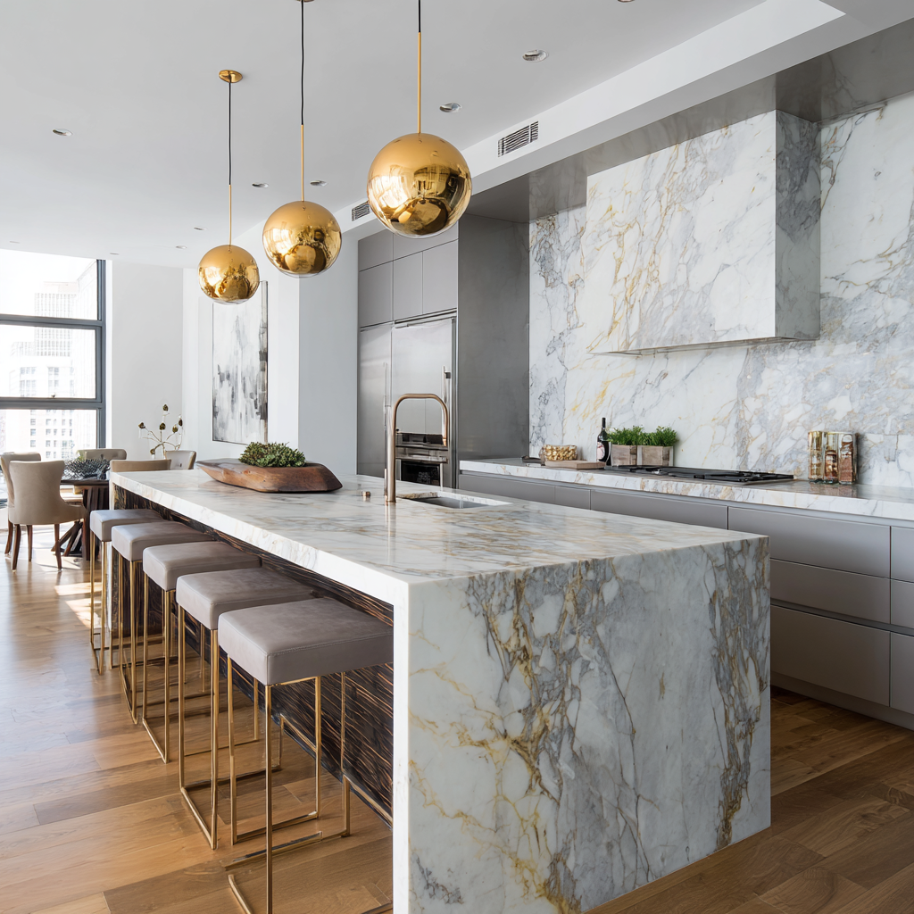 A luxurious kitchen features a large waterfall island and backsplash made of Calacatta marble with bold gray and gold veining, complemented by gold pendant lights, gray-brown cabinetry, and a row of gray counter stools with gold bases over a light wood floor.
