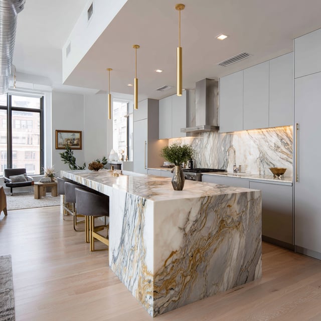 A luxurious open-plan kitchen features a large Calacatta marble waterfall island with bold gray and gold veining, serving as a dining and prep area with velvet stools and accented by three slender brass pendant lights, set against light gray cabinetry, marble backsplash, stainless steel appliances, and light wood flooring.