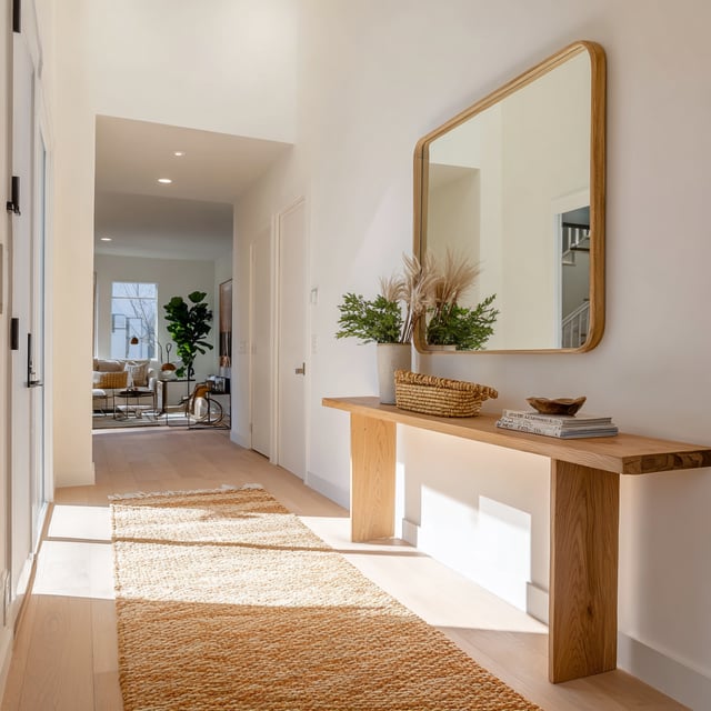 Bright hallway with a wood console, large mirror, and rug.