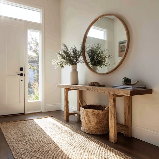 Minimalist entryway with rustic wood console and round mirror.