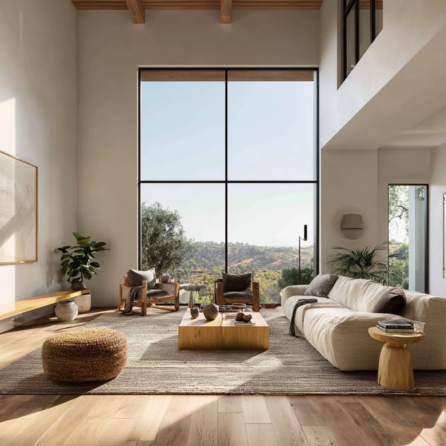Bright, modern living room with large window and scenic view.