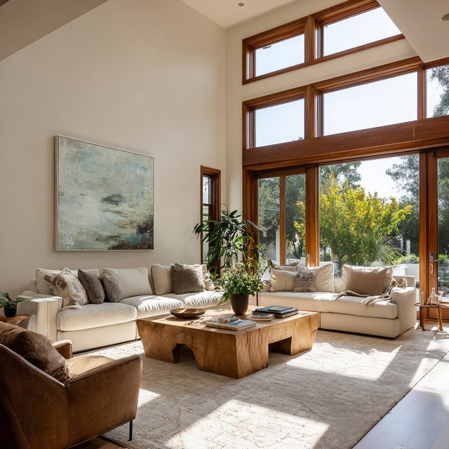 A bright and airy living room with high ceilings, featuring a large, off-white sectional sofa, a unique wood slab coffee table, and an expansive wall of wood-framed windows overlooking greenery.