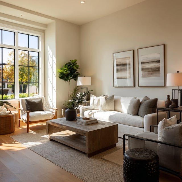 Bright, modern living room with cream sofa and wood tones.