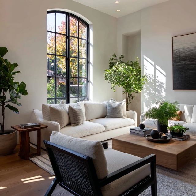  Modern living room with arched window and neutral seating.