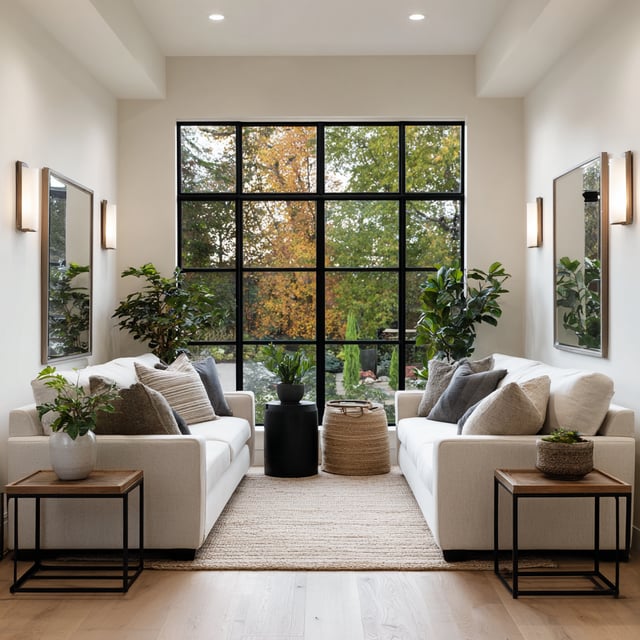 Symmetric living room with white sofas and a large window.