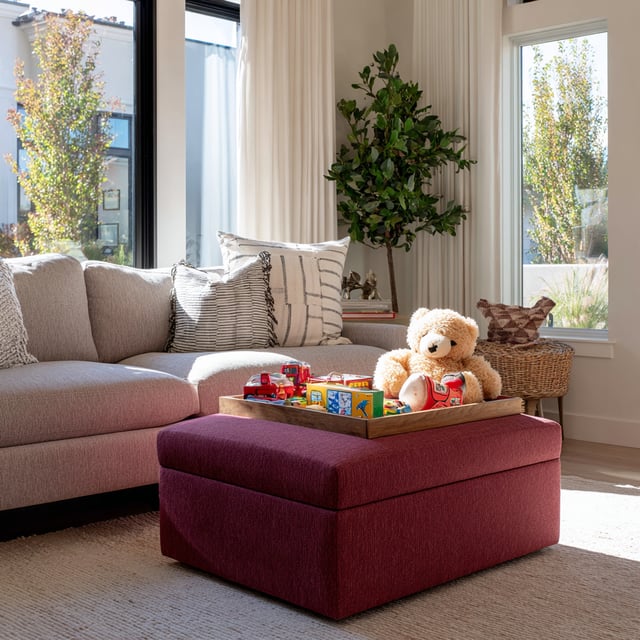 Maroon storage ottoman with toys and teddy bear in living room.