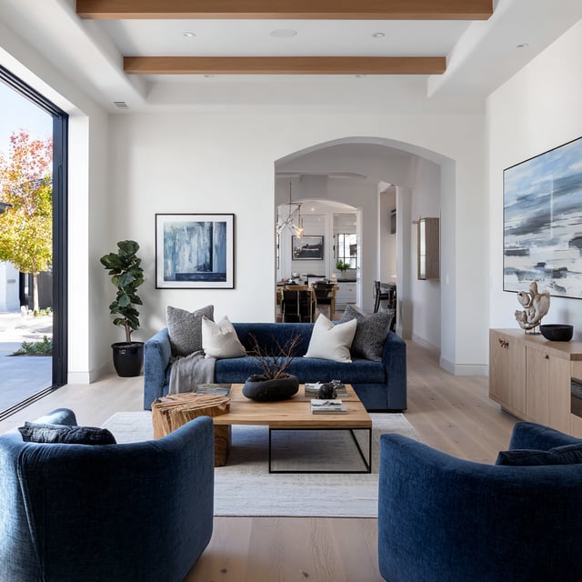 Blue living room with wood beams, white walls, and artwork.