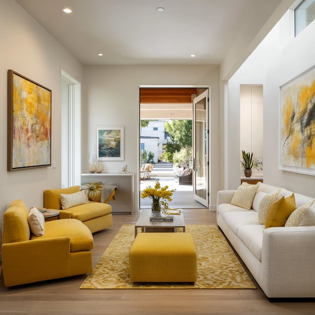 Bright living room with yellow chairs, white sofa, and rug.