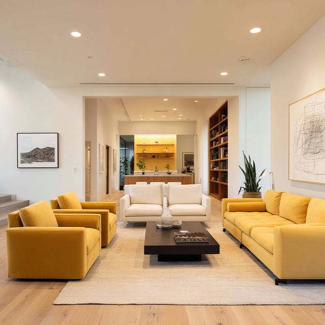 Bright living room with yellow furniture and white walls.