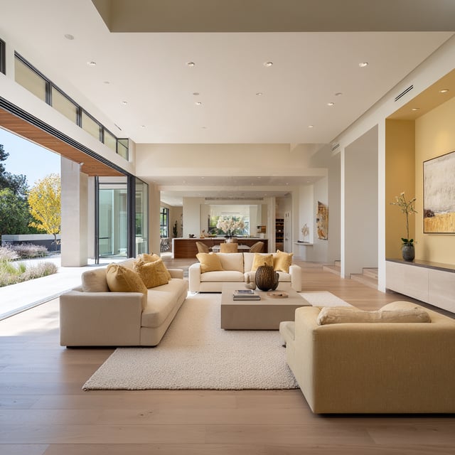Modern, open-concept living room with large sliding doors.