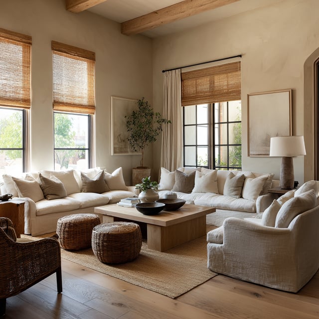 A cozy, California-style living room with large, off-white sectional sofas, a square wooden coffee table, woven poufs, and natural wood and fiber accents.