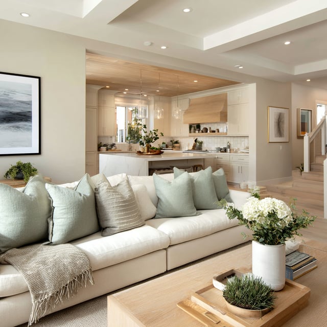 An open-concept great room features a large light-colored sectional sofa facing a kitchen with light wood accents and cabinetry.