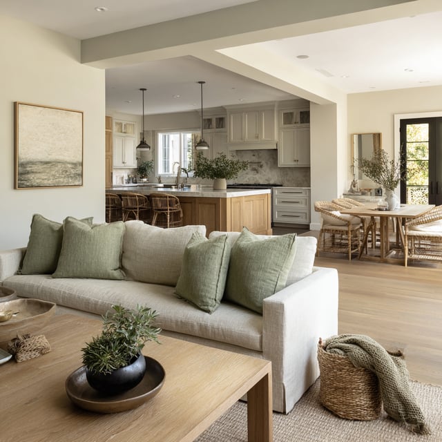 Open great room with sage pillows, wood island, and dining.