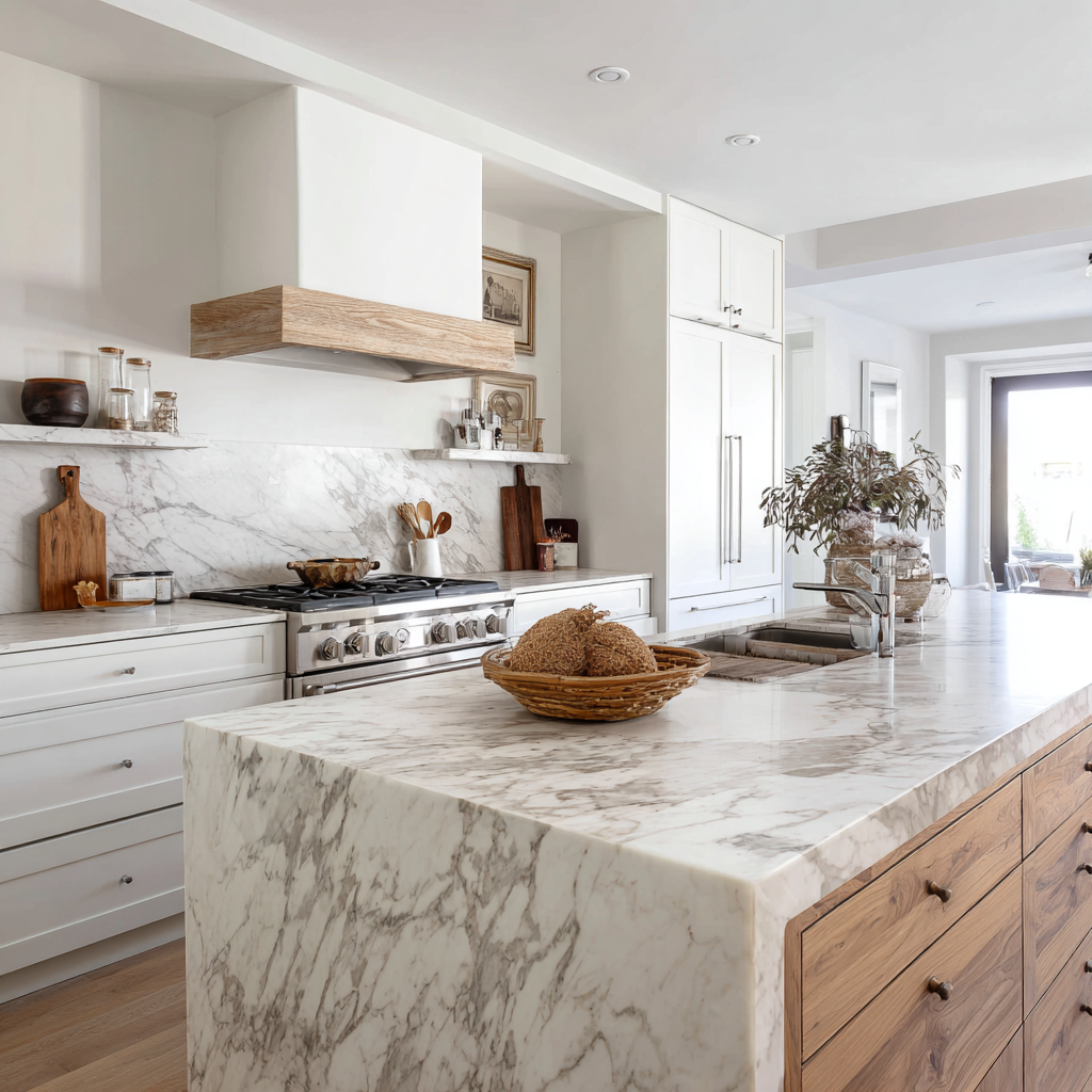 A modern kitchen features a waterfall island and perimeter countertops made of white marble with gray veining, set against white cabinets and a stainless steel range, complemented by a light wood range hood cover and natural wood drawers on the island.