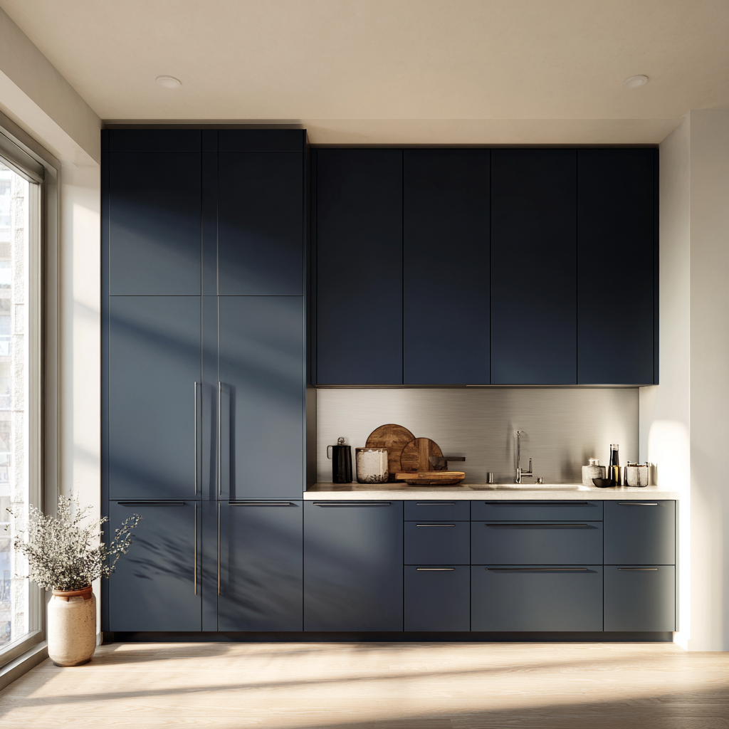 A centered elevation view of a modern kitchen featuring floor-to-ceiling, handleless, navy blue cabinetry, a built-in refrigerator, light countertops, and a subtle backsplash.