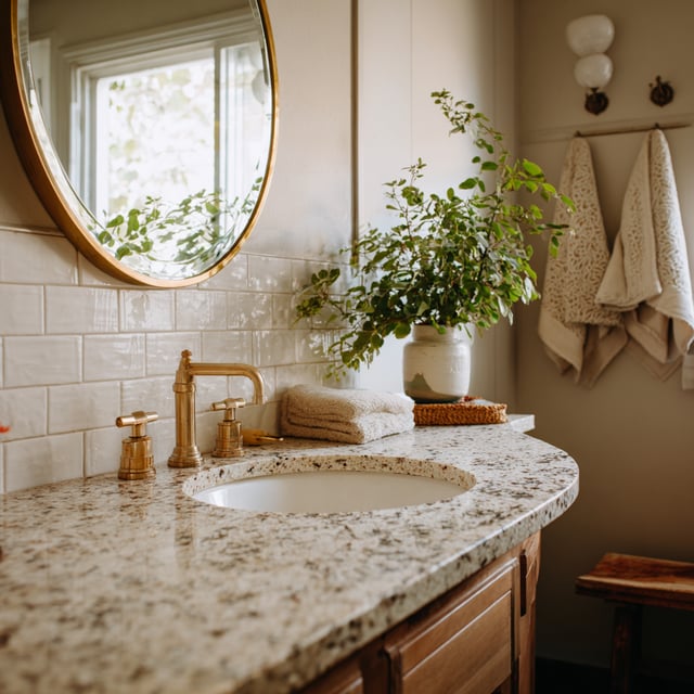 Speckled granite vanity with gold faucet and round mirror.