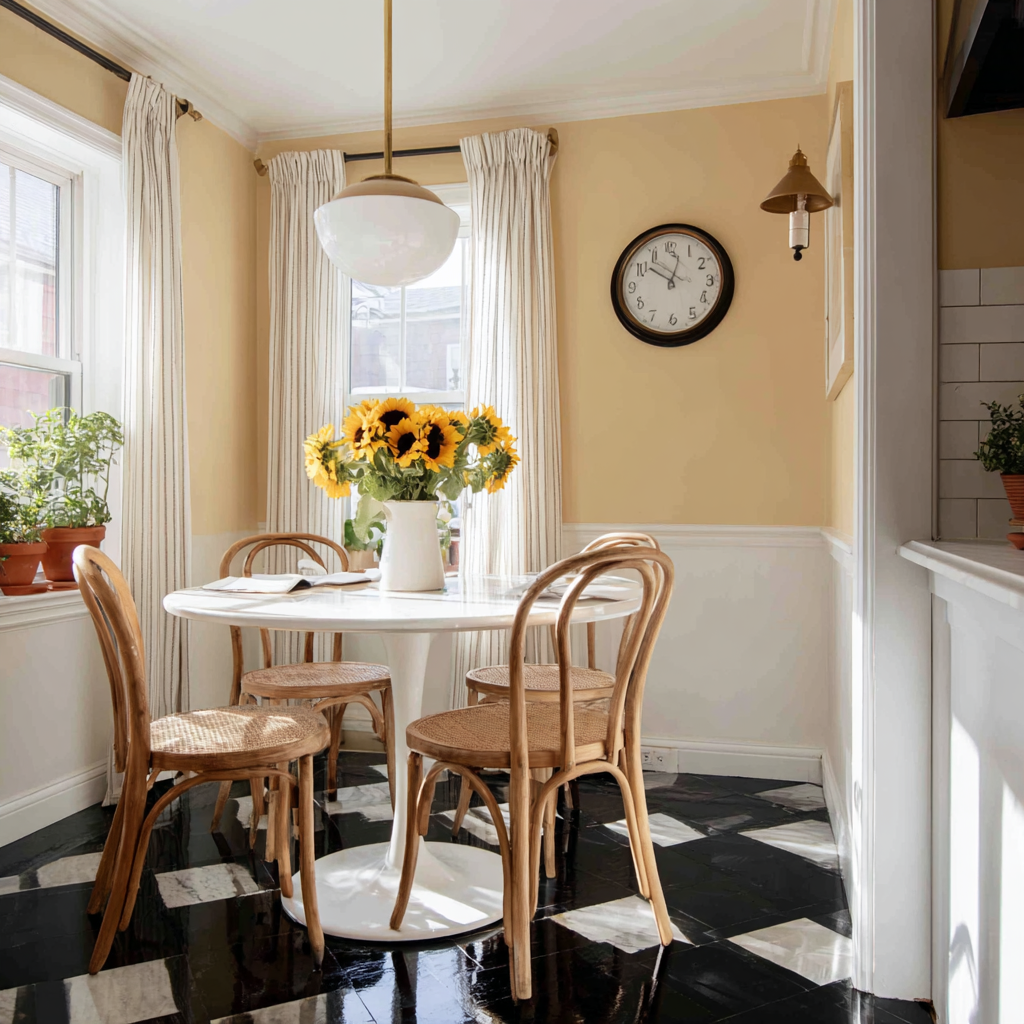 Sunny breakfast nook with checkered floors and sunflowers.