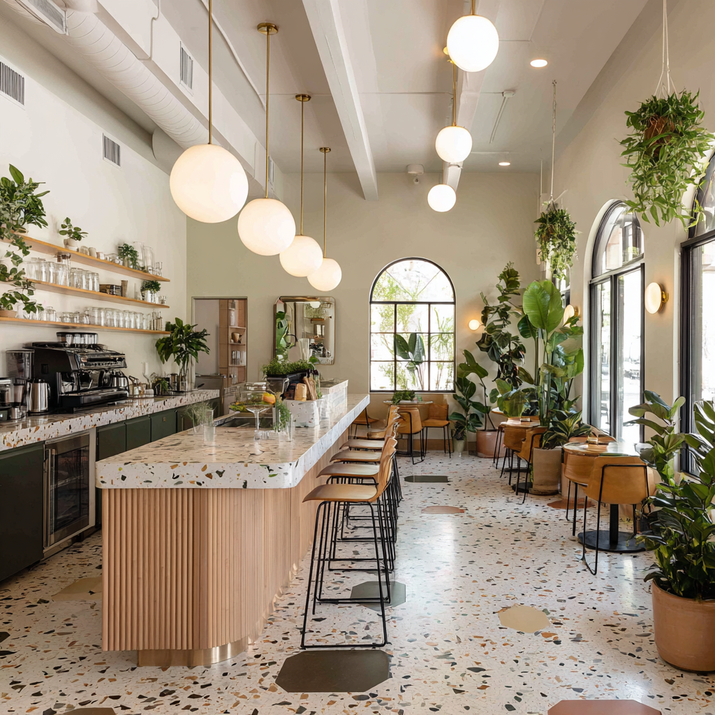 A chic coffee shop interior features a long counter with a custom terrazzo top and a light wood slatted base, dark green cabinetry below the back counter, shelves with jars and equipment, wooden bar stools, and a seating area with wooden tables and chairs on a custom-shaped terrazzo floor, all brightened by spherical pendant lights, large arched windows, and numerous lush potted plants.