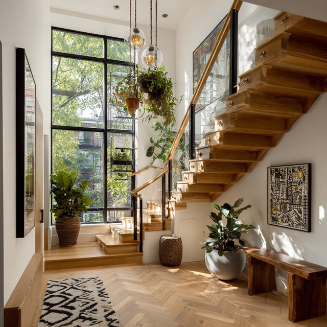 A bright, modern entryway features a U-shaped wooden staircase with a glass railing, large window panels overlooking greenery, a herringbone wood floor, and potted plants, including a large fiddle-leaf fig.