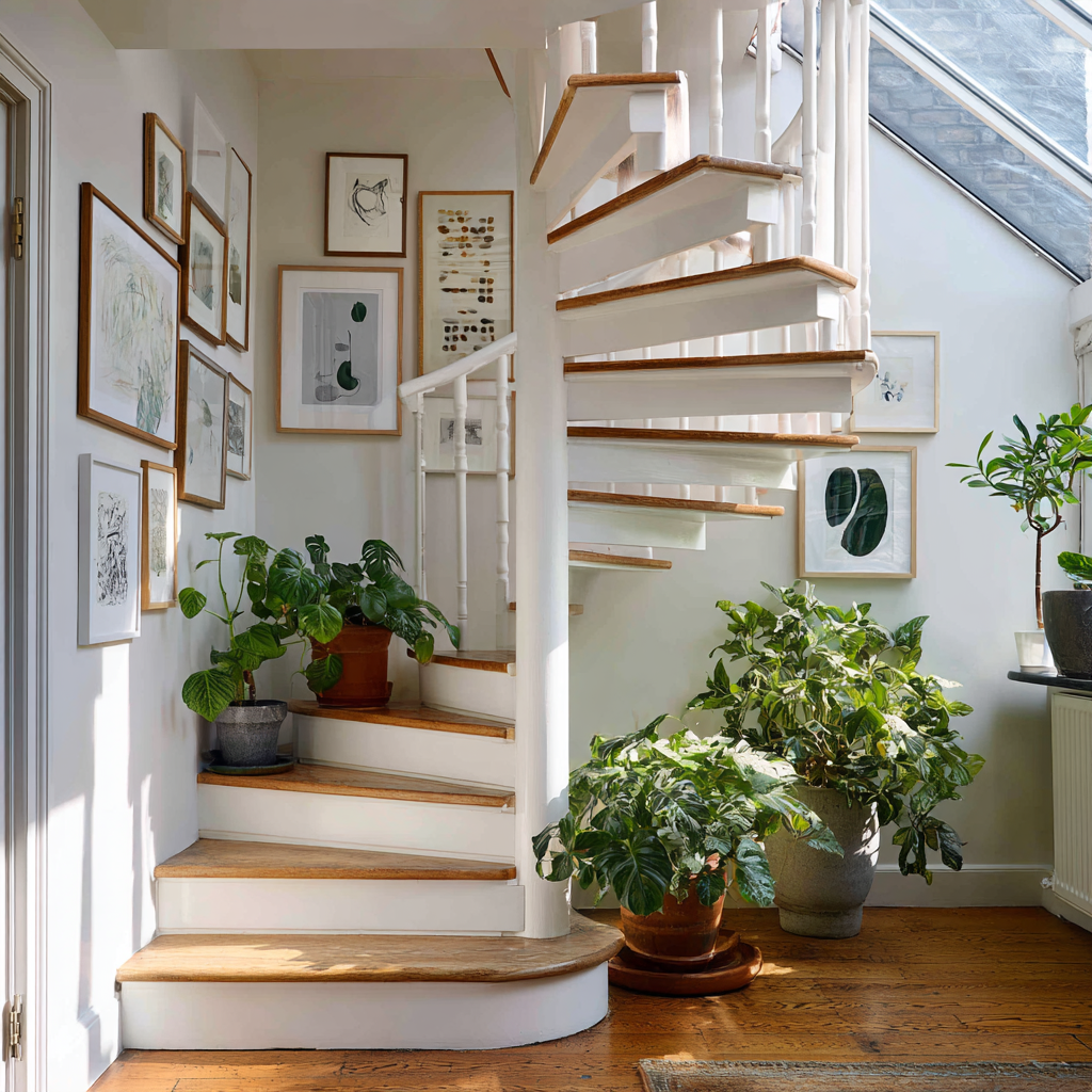 A compact white spiral staircase with natural wood treads leads up to a glass roof, surrounded by potted plants and a gallery wall of framed art on a light-colored wall.