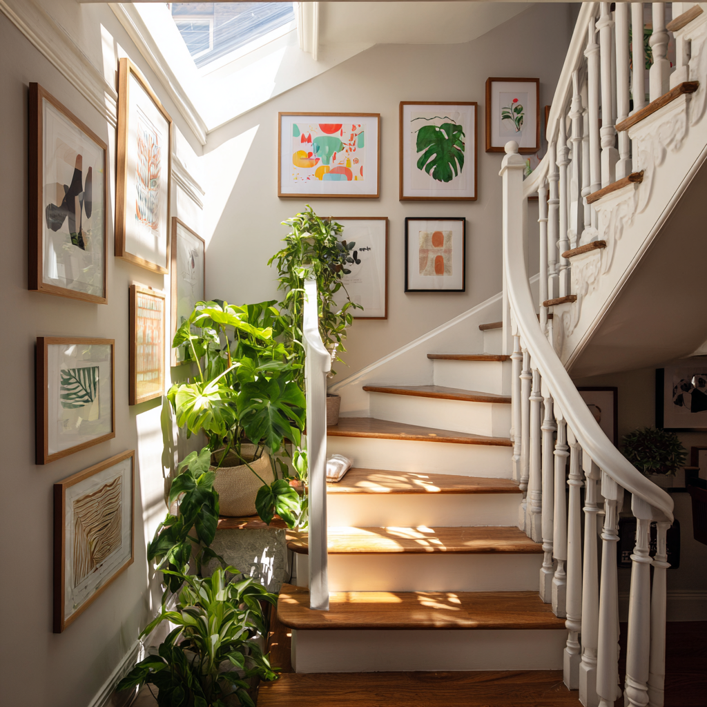 Sunlight streams through a skylight onto a winding staircase with wood treads and a white banister, surrounded by a gallery wall of framed art and several large potted plants.