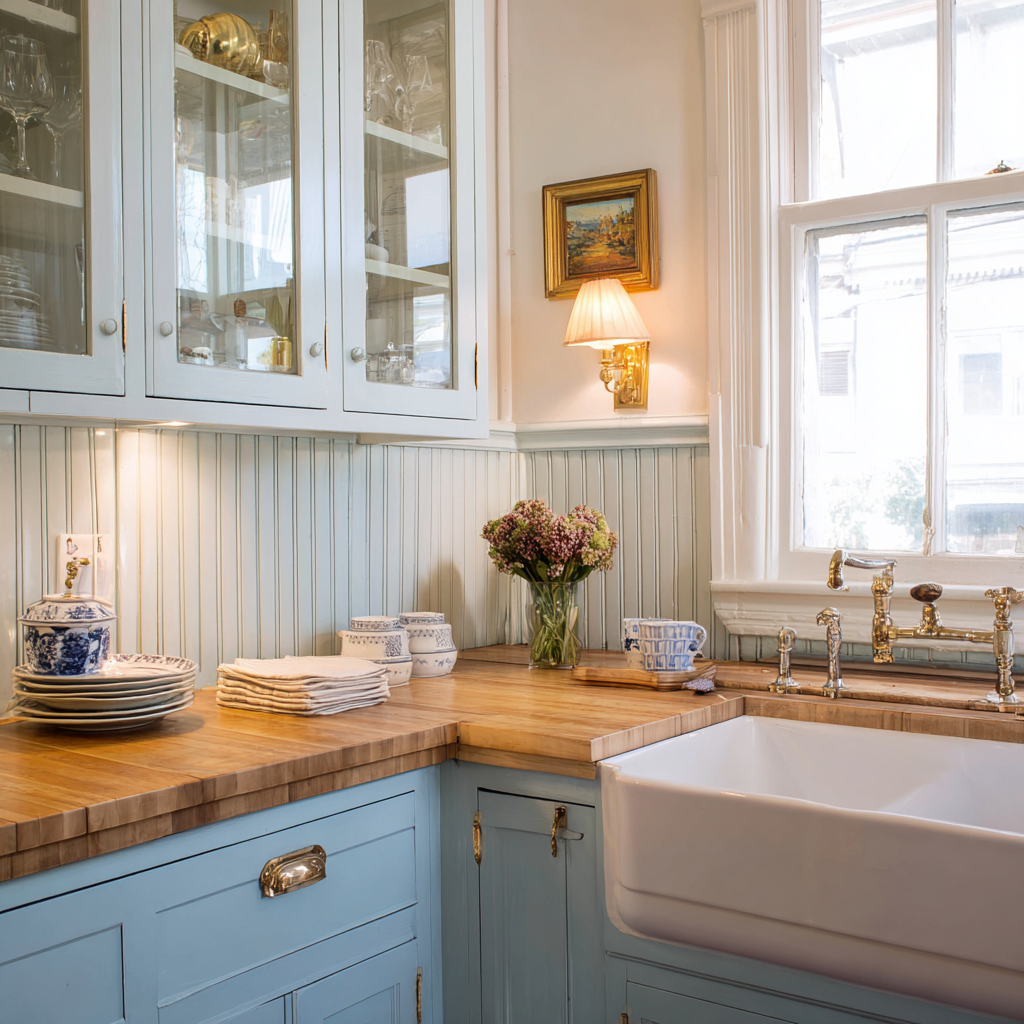 Soft blue beadboard and a farmhouse sink create an inviting, heirloom-quality kitchen.