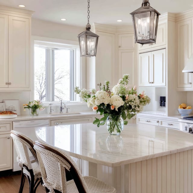 A bright, classic kitchen featuring white shaker cabinets, a rounded marble island with beadboard paneling, two rattan counter stools, and two hanging lantern-style pendant lights over the island.