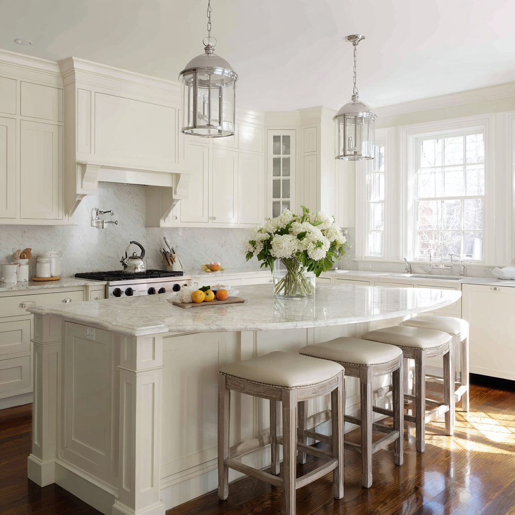 Cream shaker kitchen with a rounded marble-topped island.
