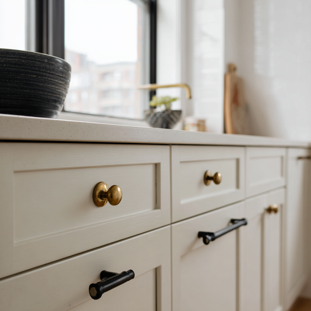A close-up, angled view of modern kitchen cabinetry with a focus on its decorative hardware.