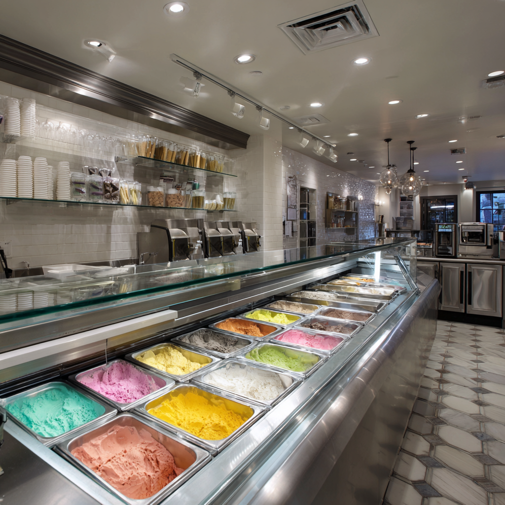Stainless steel counter holding tubs of colorful gelato.
