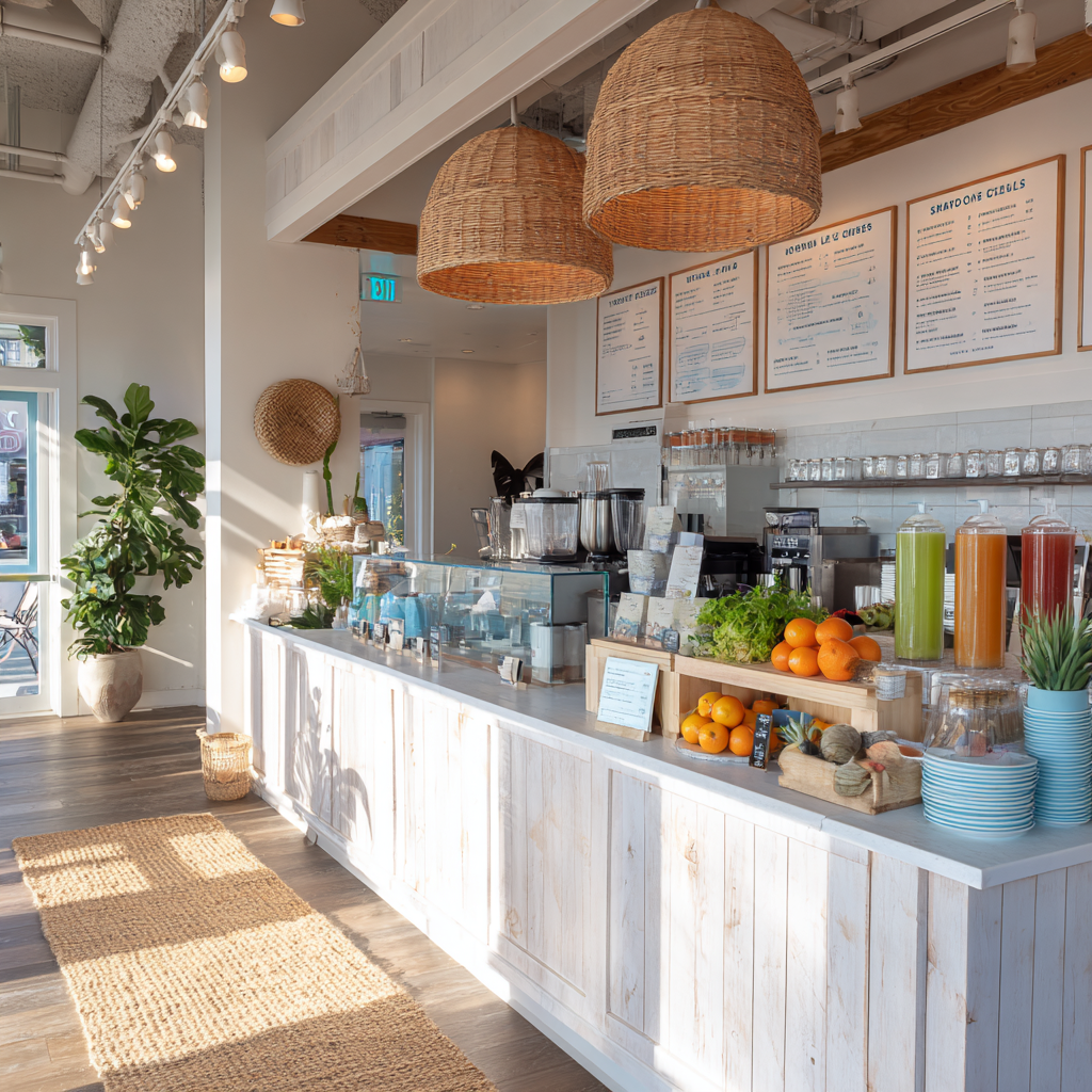 Beach-inspired cafe with woven lamps and white wood bar.