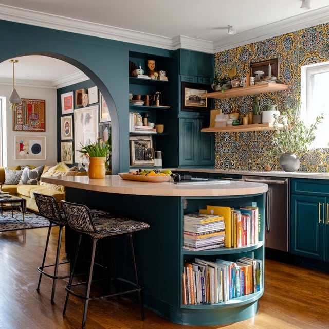 Teal kitchen with a rounded island, books, and patterned wall.