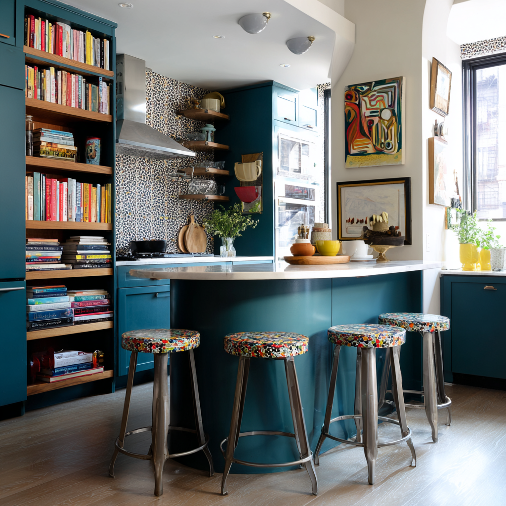 Eclectic kitchen with teal cabinets and a rounded island.