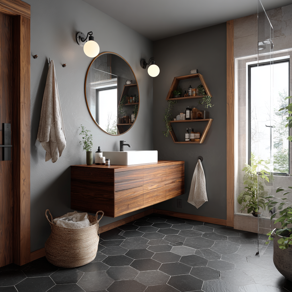 Japandi-inspired bathroom with wood vanity, round mirror, and dark tile.