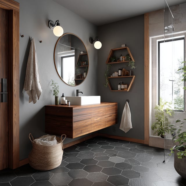 A Japandi-style bathroom that masterfully balances modern minimalism with warm, organic elements.
