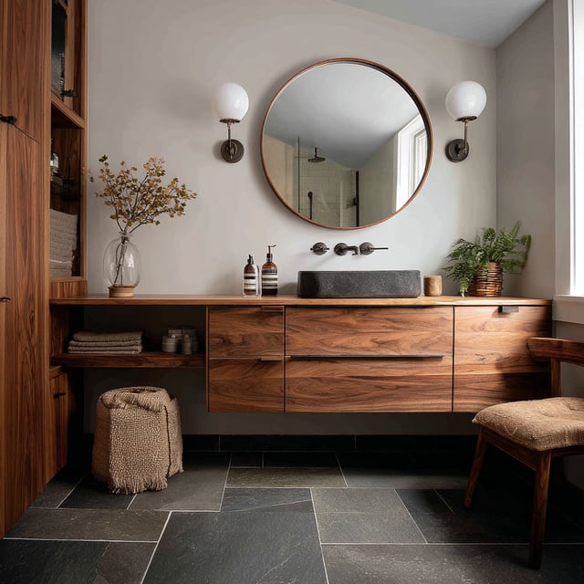 A Japandi-inspired bathroom featuring a floating dark wood vanity with a black rectangular vessel sink, a large round mirror, two globe wall sconces, dark slate floor tiles, and a freestanding wooden storage unit.