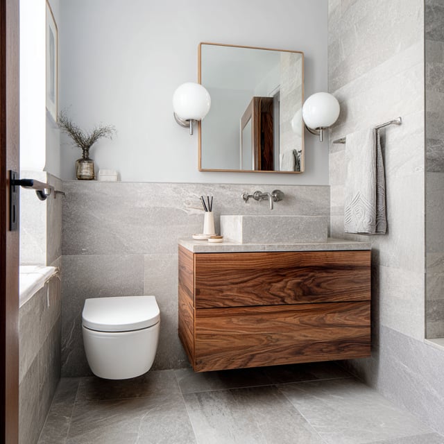 A compact, Japandi-inspired bathroom that beautifully balances rustic warmth with modern minimalism.