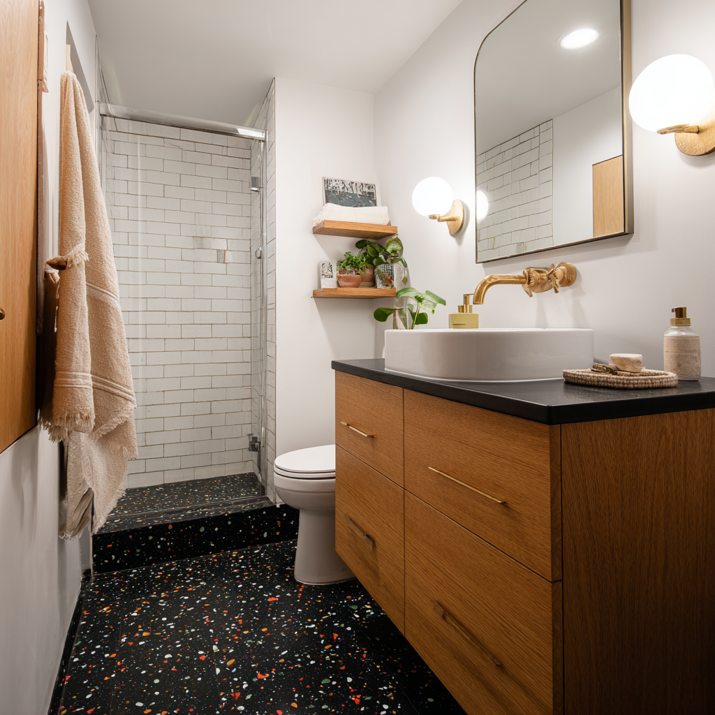 A compact, mid-century modern-inspired bathroom features a bold black terrazzo floor speckled with colorful fragments, a shower with white subway tiles and a glass door, a natural wood floating vanity with gold hardware, a white vessel sink with a gold swan-neck faucet, and a large arched mirror flanked by modern globe sconces.