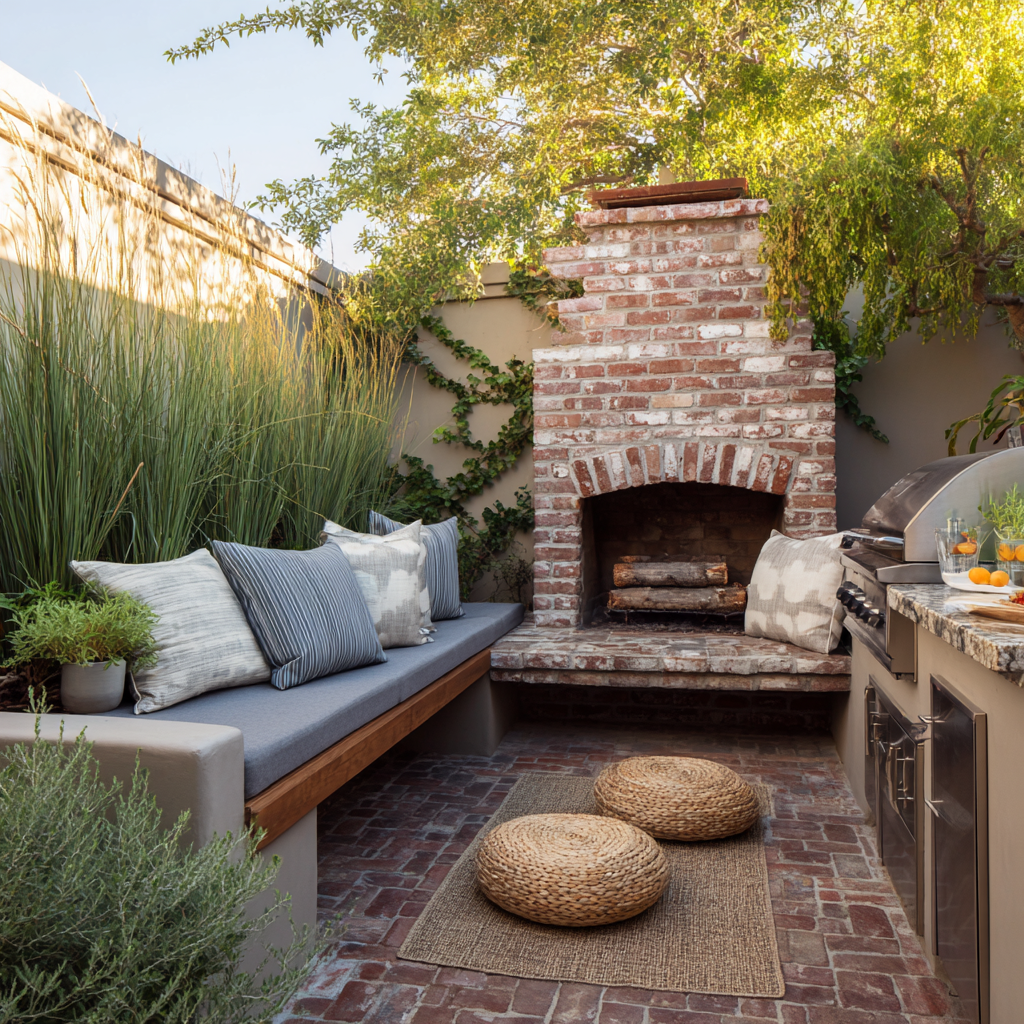 A cozy, rustic patio anchored by a large, distressed red brick fireplace and a matching brick-paved floor.