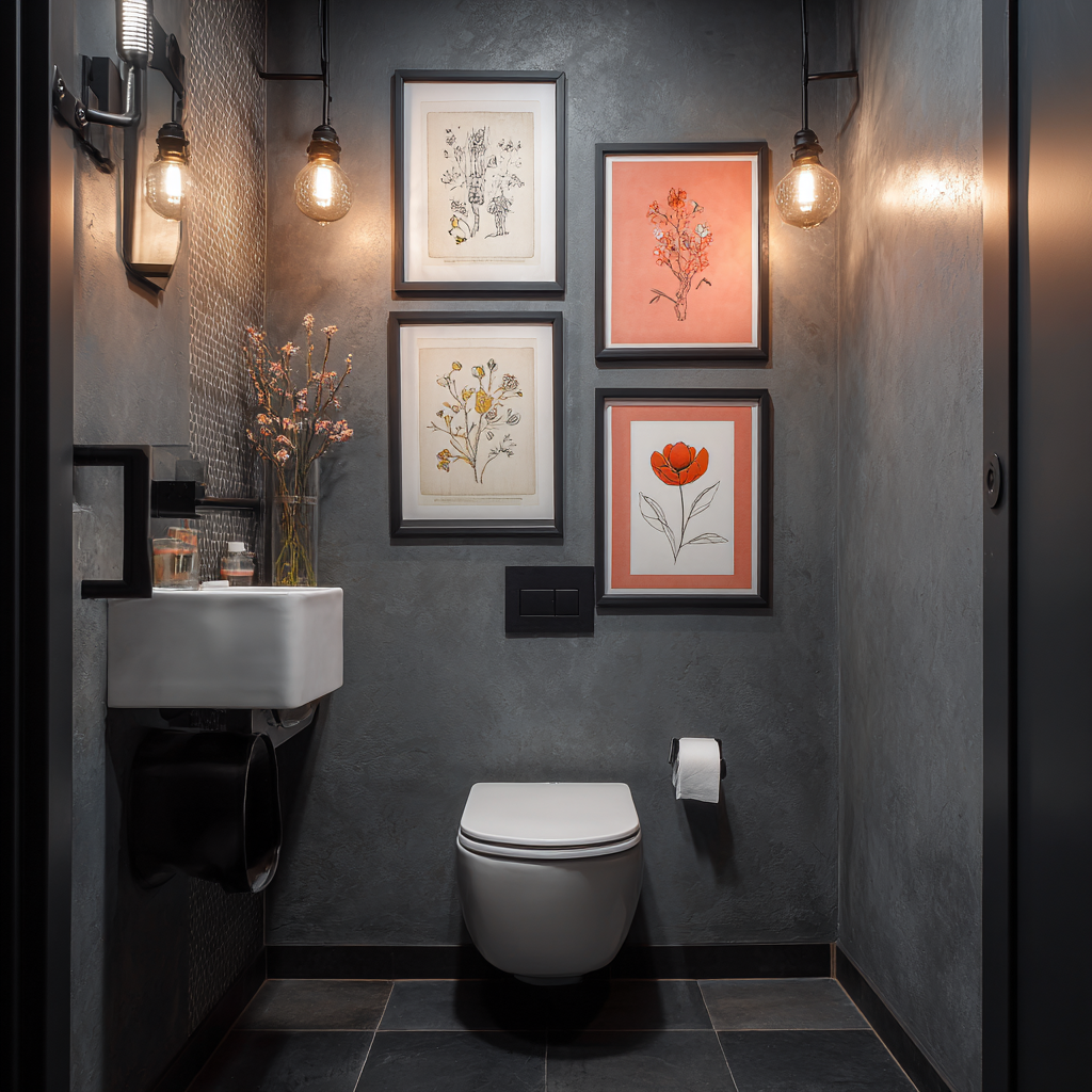  A compact bathroom featuring textured charcoal gray walls, dark cement floor tiles, and a gallery wall of botanical art illuminated by industrial Edison bulb pendants.