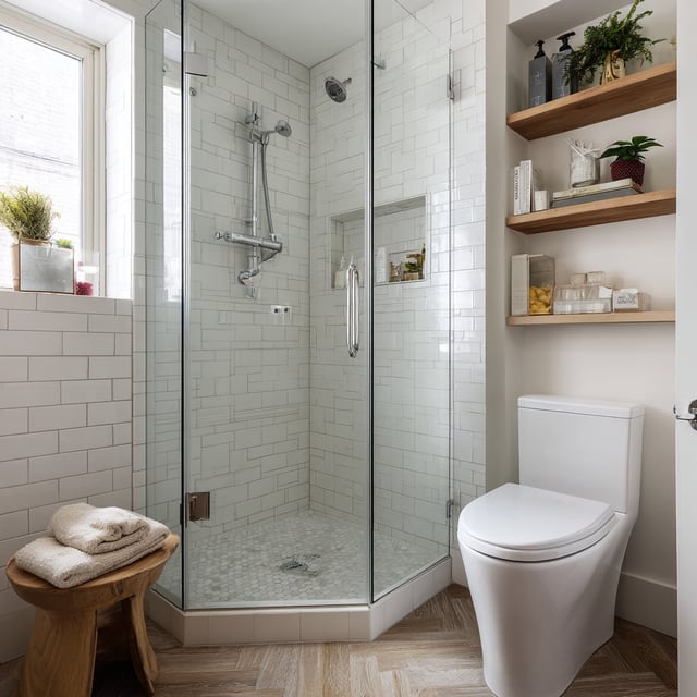 A modern, light-filled bathroom that expertly maximizes a small footprint.