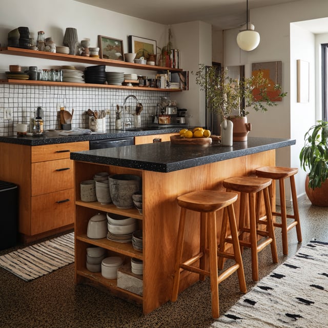 Wood kitchen with dark counters, an island, and wood stools.